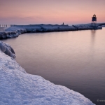 The Icy Path to the Lighthouse: Ice coats the path to the Grand Marais, Minn. lighthouse. At sunset.