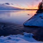 The Cascade River: Snow at the mouth of the Cascade River. Near Lutsen, Minnesota.