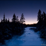 Frozen Stream, Purple Sky: A frozen stream in the Superior National Forest at sunset. 

Image: 110116-73