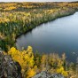 Honeymoon Bluff Honeymoon Bluff overlooks Hungry Jack Lake. The birch in yellow fall color brighten up the boreal forest.