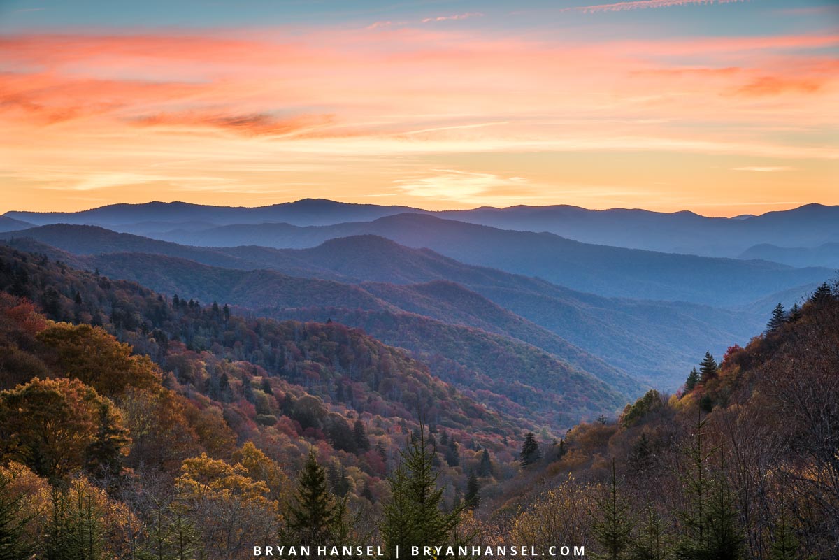 sunrise in the fall at the Oconaluftee overlook