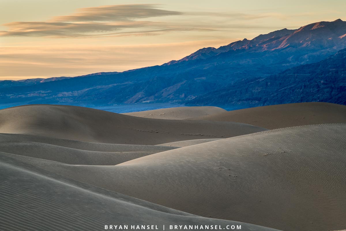 A subtle sunset the Mesquite Flat Dunes. Death Valley National Park. I loved this location and lucked out that there was a sandstorm the day before I got this picture. Most of the footprints were blown off the dunes.