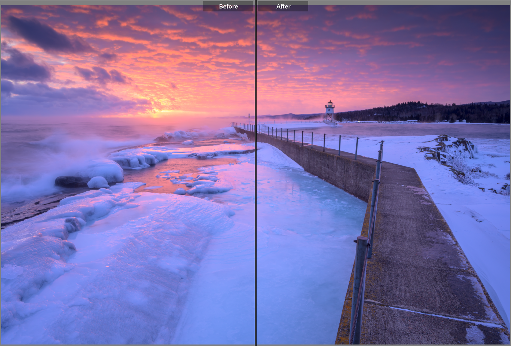 a screenshot showing the before and after of a vignetting lightroom preset.